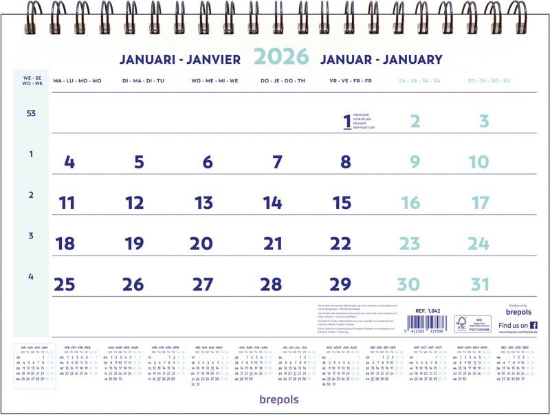 Brepols Wandkalender 2026 1 Monat / 1 Seite Niederländisch, Französisch, Deutsch, Englisch 31,5 (B) x 0,6 (T) x 46 (H) cm Weiß