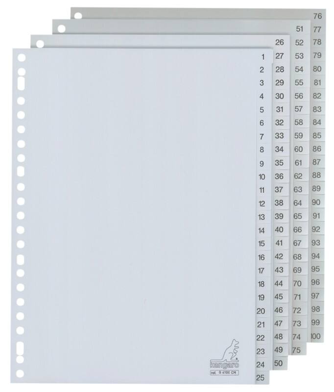 KANGARO 1 bis 100 Zahlenregister  A4 Grau 100-teilig PP (Polypropylene) 23 Löcher G4100CM