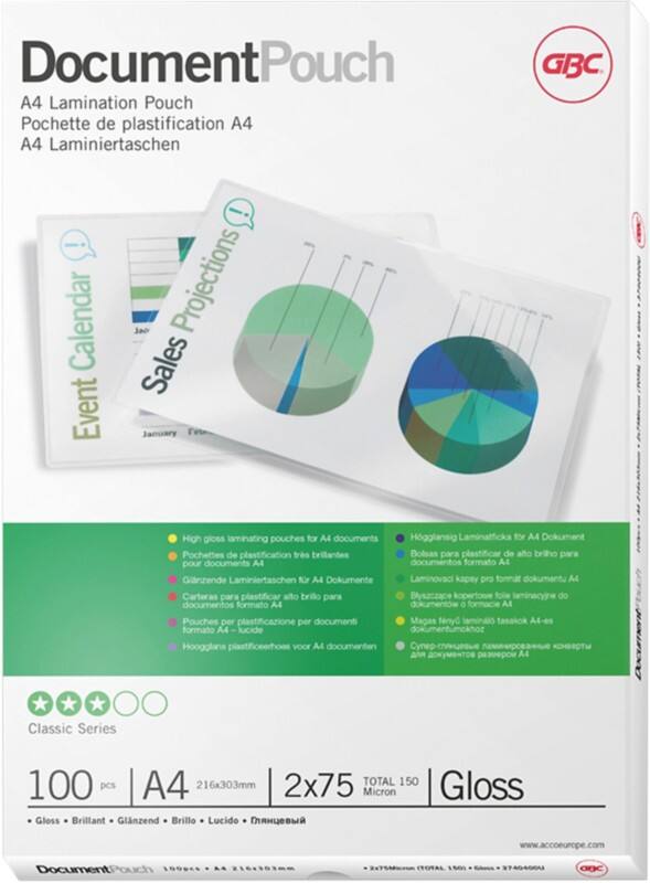 GBC Document Laminierfolien A4 Glänzend 75 Mikron (2 x 75) Transparent 100 Stück