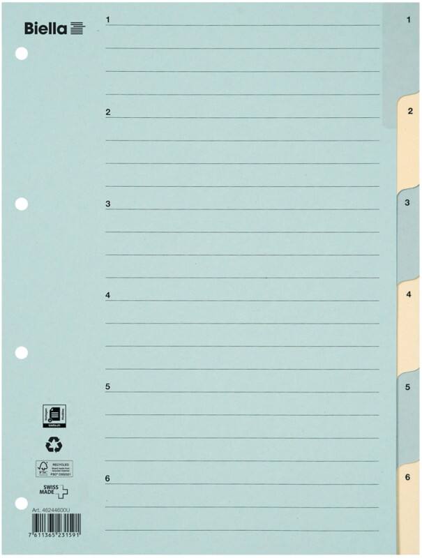 Biella 1 bis 6 Zahlenregister DIN A4 Blau, Gelb 6-teilig 4 Löcher 0462446.00