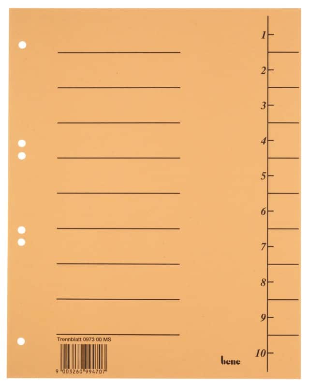 Bene 1 bis 10 Trennblätter DIN A4 Gelb 10-teilig Pappkarton 6 Löcher 97300MS 100 Stück
