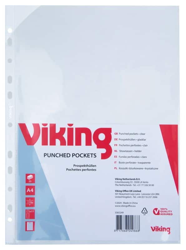 Viking Premium Prospekthüllen A4 Glasklar Transparent 110 Mikron PP (Polypropylen) Öffnung oben 11 Löcher 25 Stück