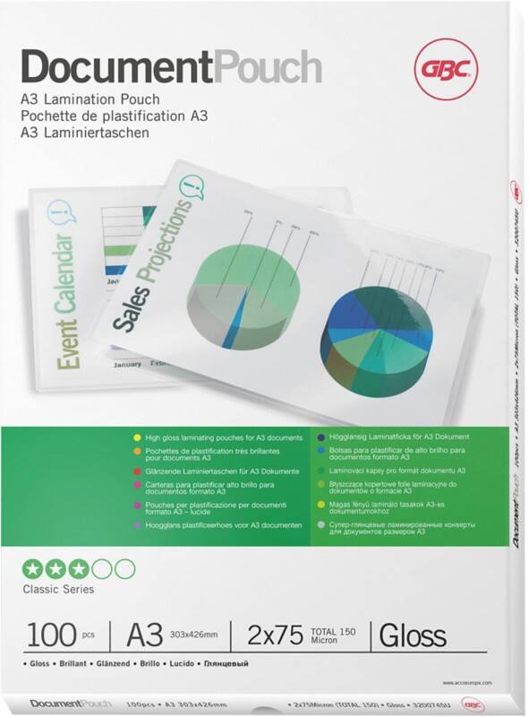 GBC Document Laminierfolien A3 Glänzend 75 Mikron (2 x 75) Transparent 100 Stück