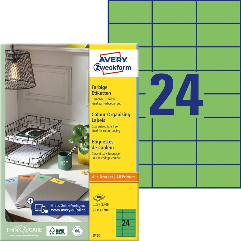 AVERY Zweckform Etiketten 3450 Selbsthaftend A4 Grün 70 x 37 mm 100 Blatt à 24 Etiketten