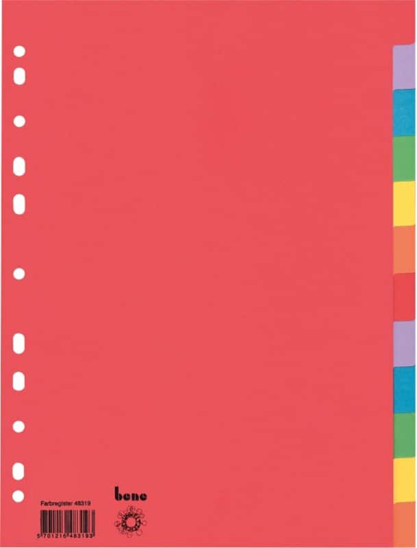 Bene Blanko Register DIN A4 Färbig sortiert 12-teilig Pappkarton 11 Löcher 48319 12 Stück