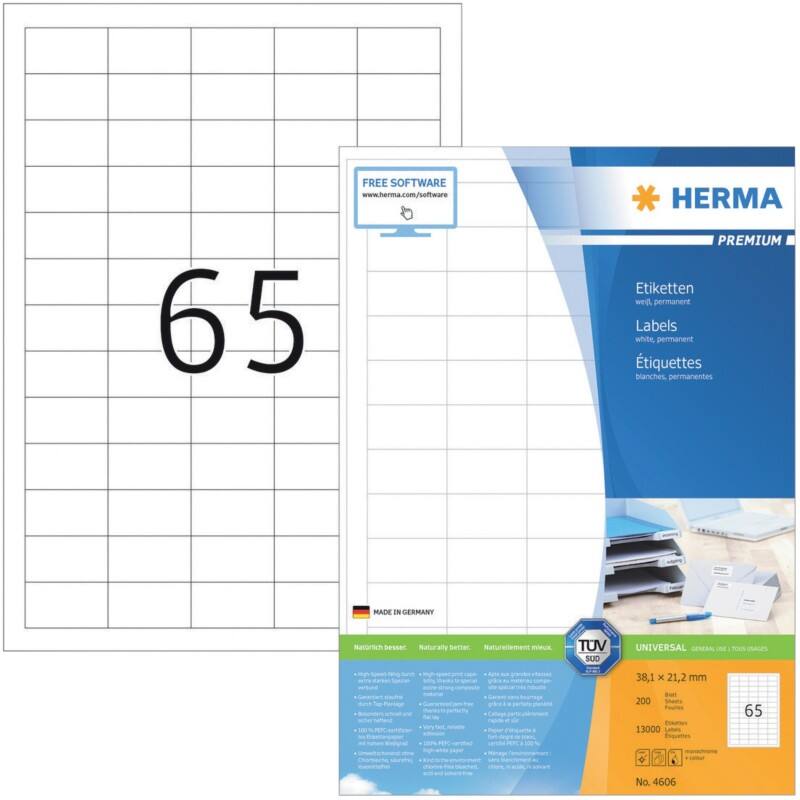 HERMA Universal-Etiketten 4606 Weiß DIN A4 38,1 x 21,2 mm 200 Blatt à 65 Etiketten