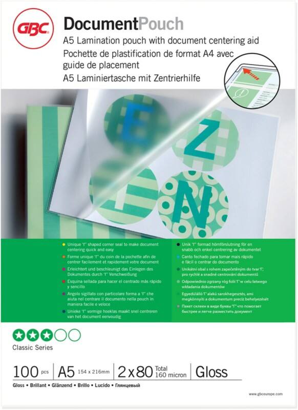GBC Document Laminierfolien DIN A5 Nicht Haftend Glänzend 80 (2 x 80 Mikron) Transparent 100 Stück