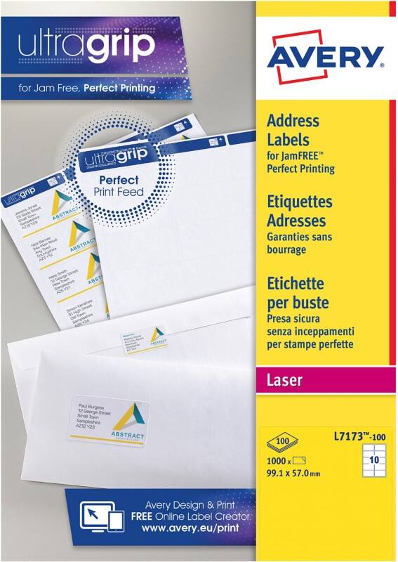 AVERY Zweckform Abziehhilfe QuickPEEL,ultragrip Adressetiketten L7173-100 haftend A4 Weiß 99,1 x 57 mm 100 Blatt à 10 Etiketten