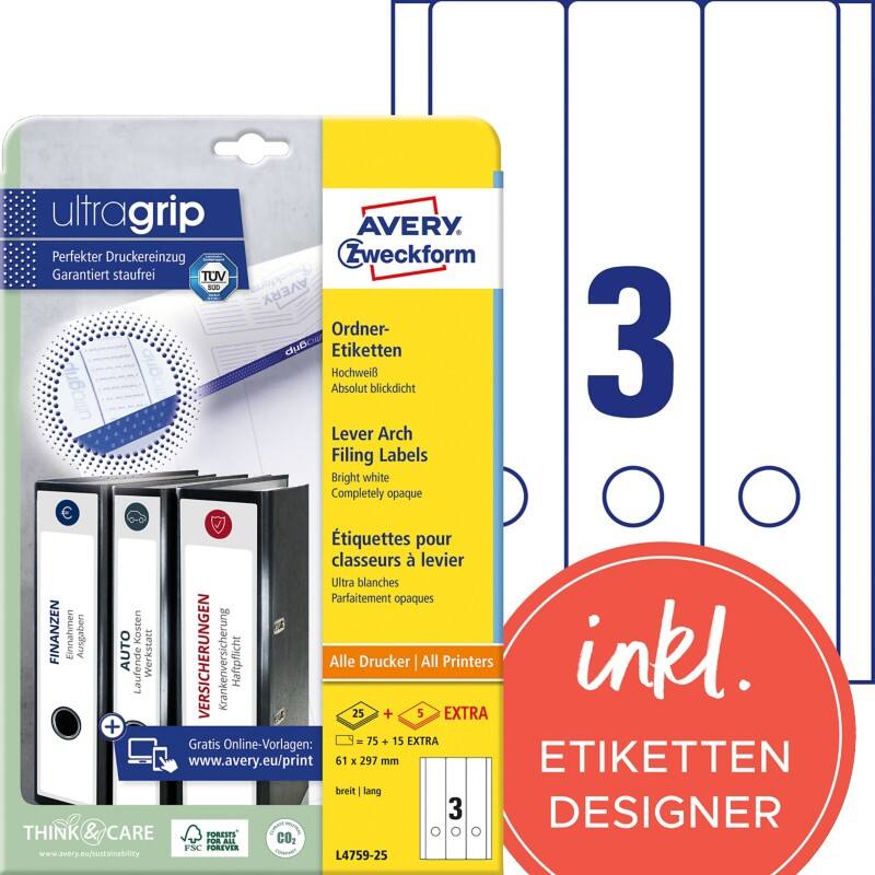 AVERY Zweckform ultragrip Ordneretiketten L4759-25 Selbsthaftend A4 Weiß 6,1 x 29,7 cm 30 Blatt à 3 Etiketten