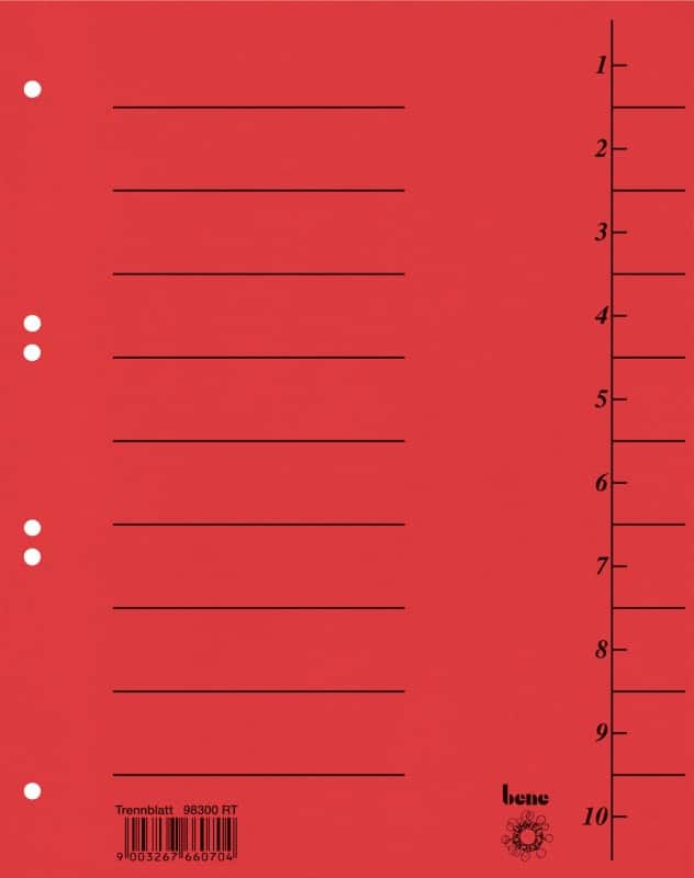 Bene Trend 1 bis 10 Trennblätter DIN A4 Rot 10-teilig Pappkarton 6 Löcher 50 Stück