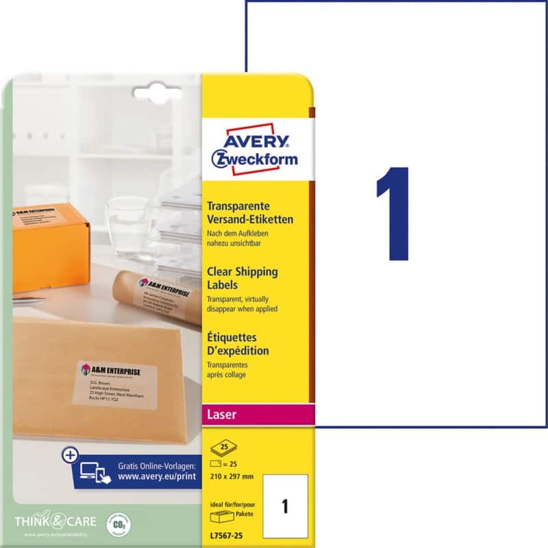 AVERY Zweckform Abziehhilfe QuickPEEL Wasserabweisend Selbsthaftend Versandetiketten L7567-25 Selbsthaftend A4 Transparent 210 x 297 mm 25 Blatt à 1 Etiketten