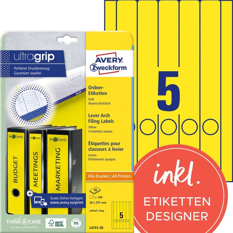AVERY Zweckform L4751-20 Ordneretiketten A4 Gelb 38 x 297 mm 20 Blatt à 5 Etiketten
