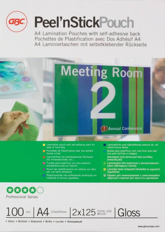 GBC Peel'nStick Laminierfolien A4 Selbstklebend Glänzend 125 Mikron (2 x 125) Transparent 100 Stück