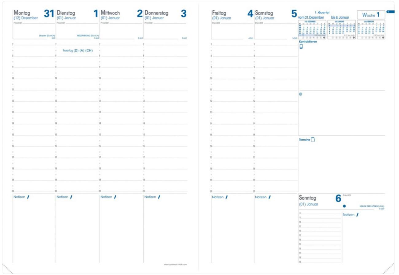 Quo Vadis Buchkalender Nachfüllung Prenote DIN A4 1 Woche auf 2 Seiten 2022 Weiß