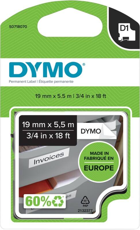 Dymo D1 S0718070 / 16960 Authentic Polyester Schriftband Selbstklebend Schwarzer Druck auf Weiß 19 mm x 5.5m