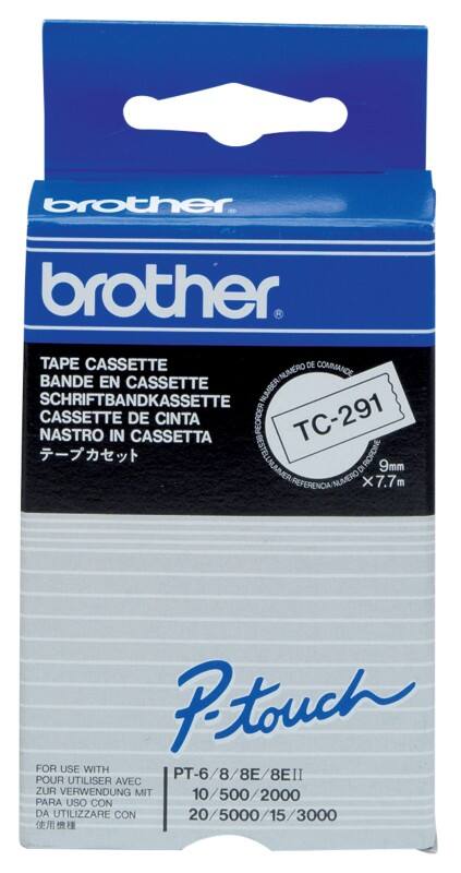 Brother TC-291 Authentic Schriftband Selbstklebend Schwarzer Druck auf Weiß 9 mm x 7.7m
