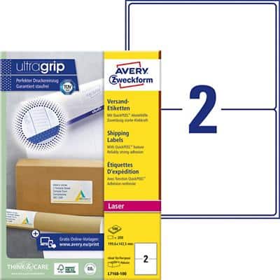 AVERY Zweckform Versandetiketten L7168-100 Ultragrip Weiß DIN A4 199,6 x 143,5 mm 100 Blatt à 2 Etiketten