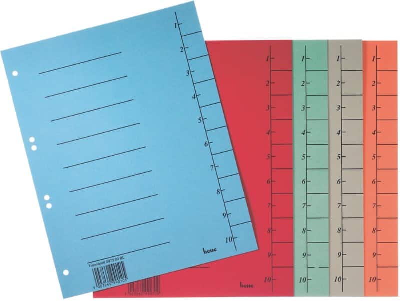 Bene Trend 1 bis 10 Trennblätter DIN A4 Färbig sortiert 10-teilig Pappkarton 6 Löcher 100 Stück
