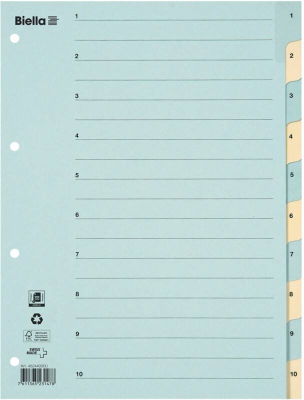Biella 1 bis 10 Zahlenregister DIN A4 Blau, Gelb 10-teilig 4 Löcher 0462440.00
