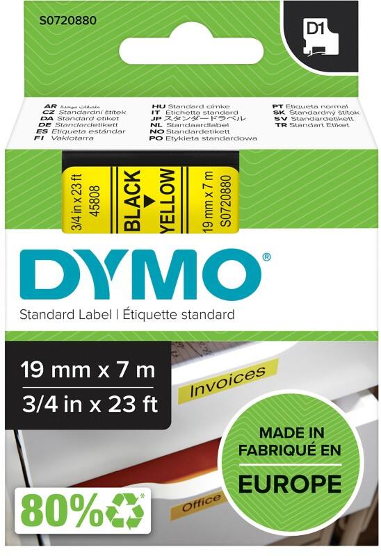 Dymo D1 S0720880 / 45808 Authentic Schriftband Selbstklebend Schwarzer Druck auf Gelb 19 mm x 7m