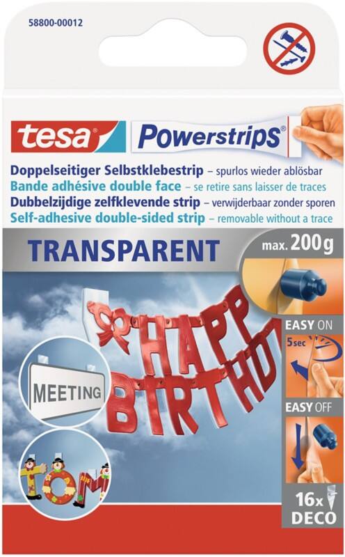 tesa Doppelseitiges Klebeband Powerstrips Transparent 15 mm (B) x 0,081 m (L) Synthesekautschuk 16 Stück