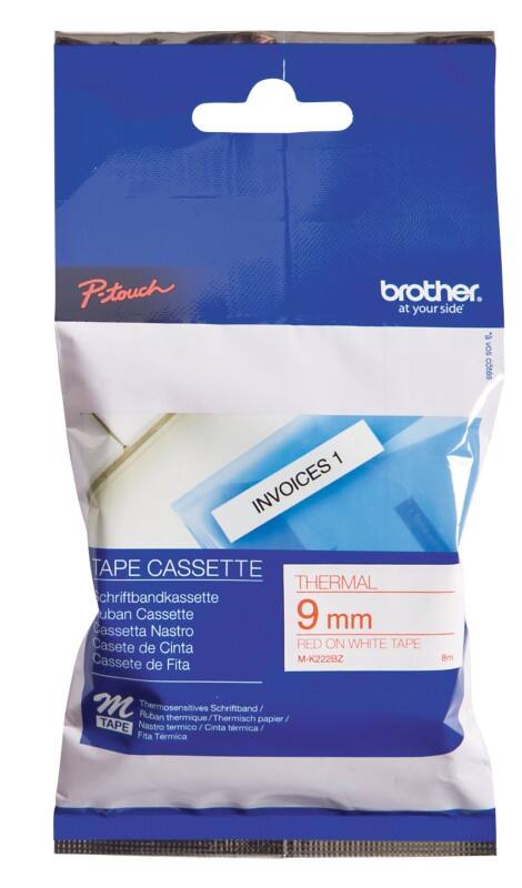 Brother M-K228 Authentic Schriftband Selbstklebend Roter Druck auf Weiß 9 mm x 8m