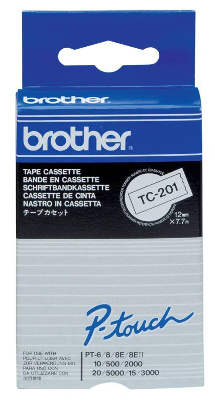 Brother TC-201 Authentic Schriftband Selbstklebend Schwarzer Druck auf Weiß 12 mm x 7.7m