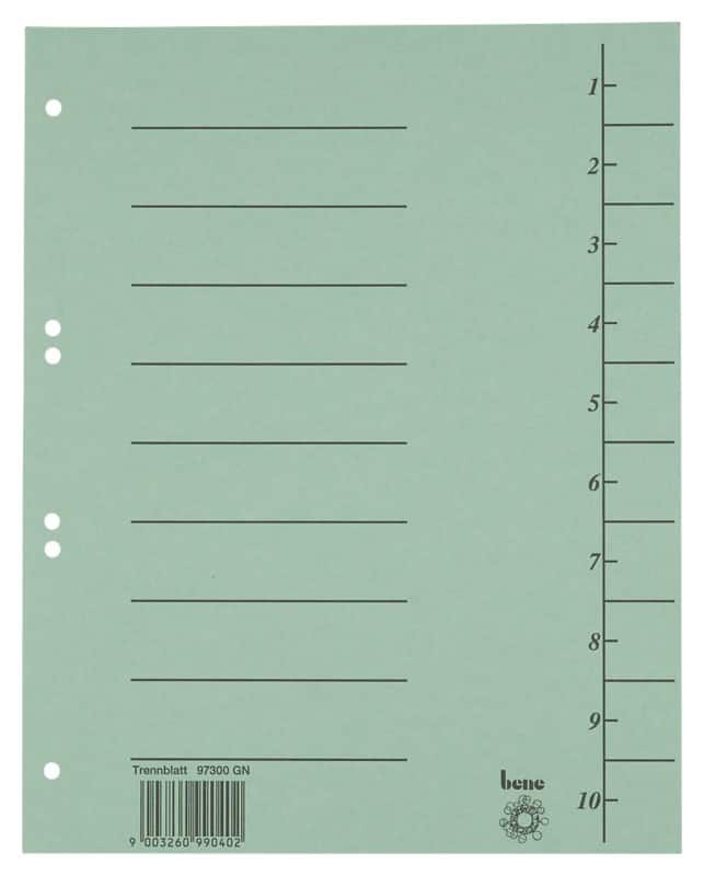 Bene Trend 1 bis 10 Trennblätter DIN A4 Grün 10-teilig Pappkarton 6 Löcher 100 Stück