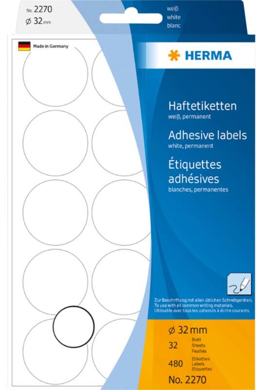 HERMA Multifunktionsetiketten 2270 Weiß Rund Ø 32 480 Etiketten pro Packung