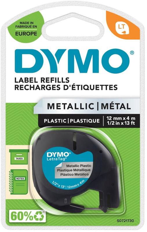 Dymo LT S0721730 / 91208 Authentic LetraTag Schriftband Selbstklebend Silver 12 mm x 4m