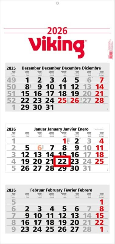 Viking Wandkalender Maxi Light 2026 Sonderformat 3 Monate pro Seite Weiß Deutsch, Englisch, Französisch, Spanisch
