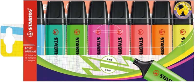 STABILO BOSS ORIGINAL Textmarker Farbig sortiert Breit Keilspitze 2-5 mm Nachfüllbar 8 Stück