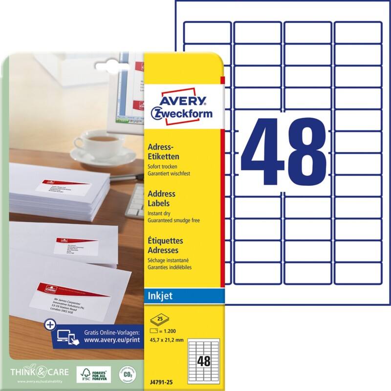 AVERY Zweckform Laser Adressetiketten J4791-25 Selbsthaftend A4 Weiß 45,7 x 21,2 mm 25 Blatt à 48 Etiketten