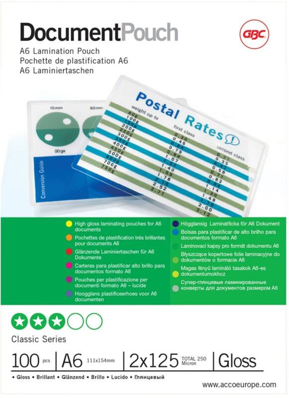 GBC Document Laminierfolien A6 Glänzend 125 Mikron (2 x 125) Transparent 100 Stück
