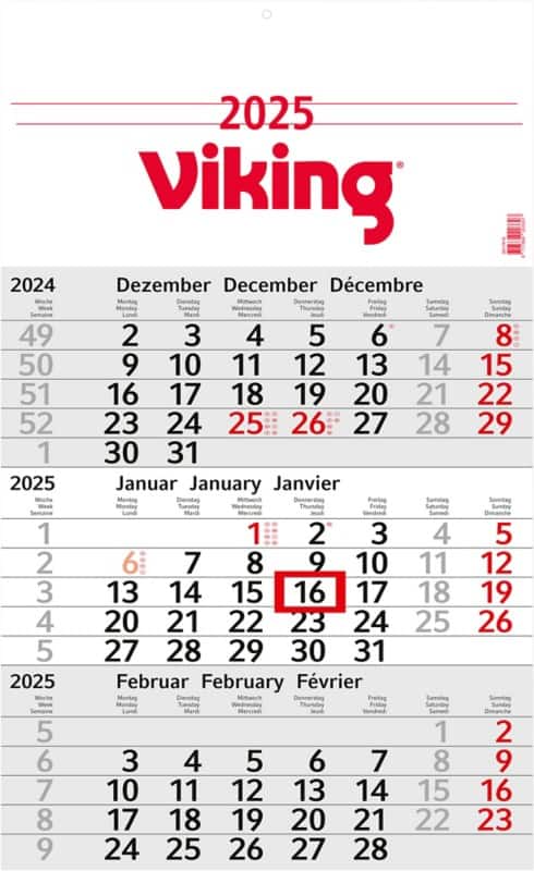 Viking Kalender 2026 3 Monate / 1 Seite Deutsch, Englisch, Französisch 30 (B) x 49 (H) cm Hellgrau
