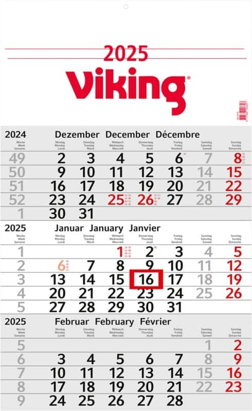 Viking kalender budget spezial 2025 3 monate/1 seite hellgrau deutsch, englisch, französisch 30 x 49 cm