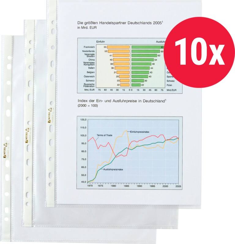 Hetzel Top Quality Prospekthüllen A4 Glasklar Transparent 110 Mikron PP (Polypropylen) Öffnung oben 11 Löcher 10 Stück