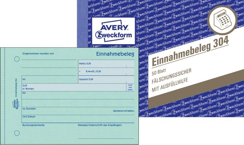 AVERY Zweckform Einnahmebelege 304 Grün A6 quer Perforiert 50 Blatt