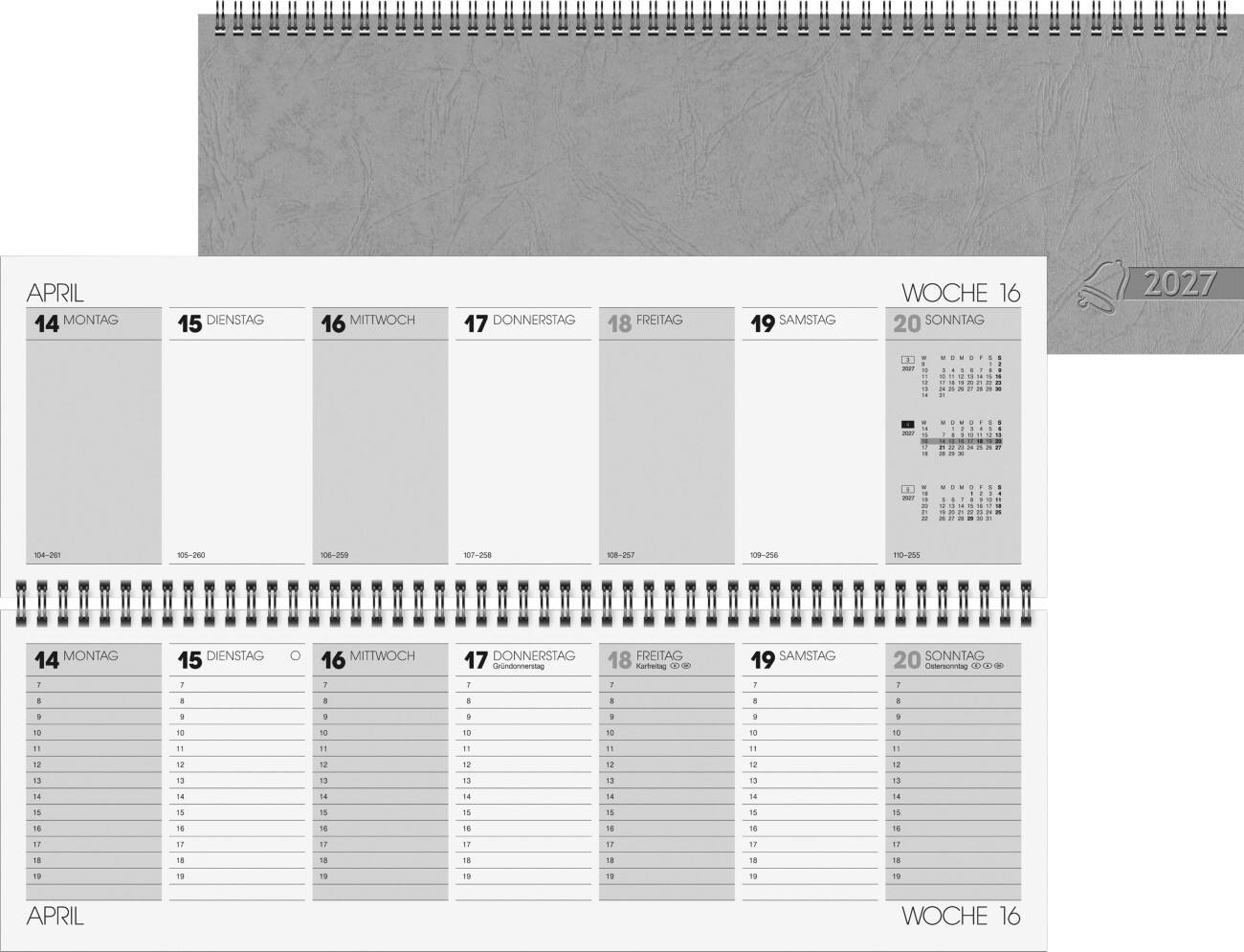 Glocken Tischkalender 2027 1 Woche / 2 Seiten Deutsch 42,5 (B) x 13,7 (H) cm Grau