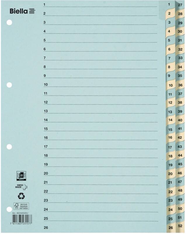Biella 1 bis 52 Zahlenregister DIN A4 Blau, Gelb 52-teilig 4 Löcher 0462445.00 52 Blatt