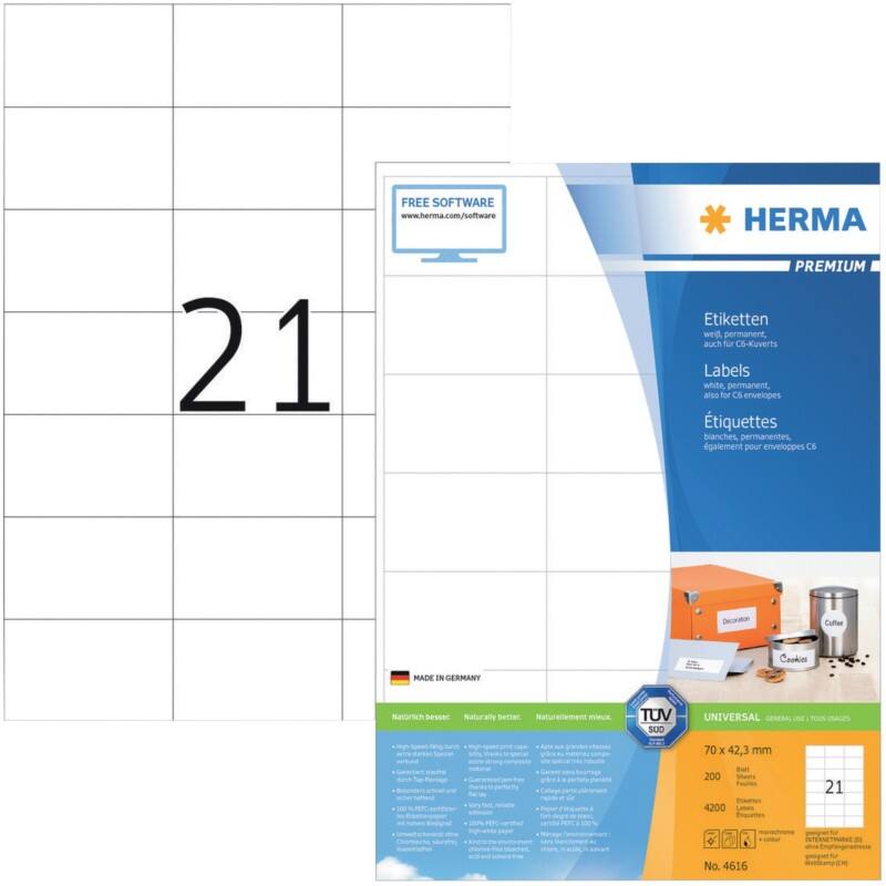 HERMA Universaletiketten 4616 Weiß DIN A4 70 x 42,3 mm 200 Blatt à 21 Etiketten