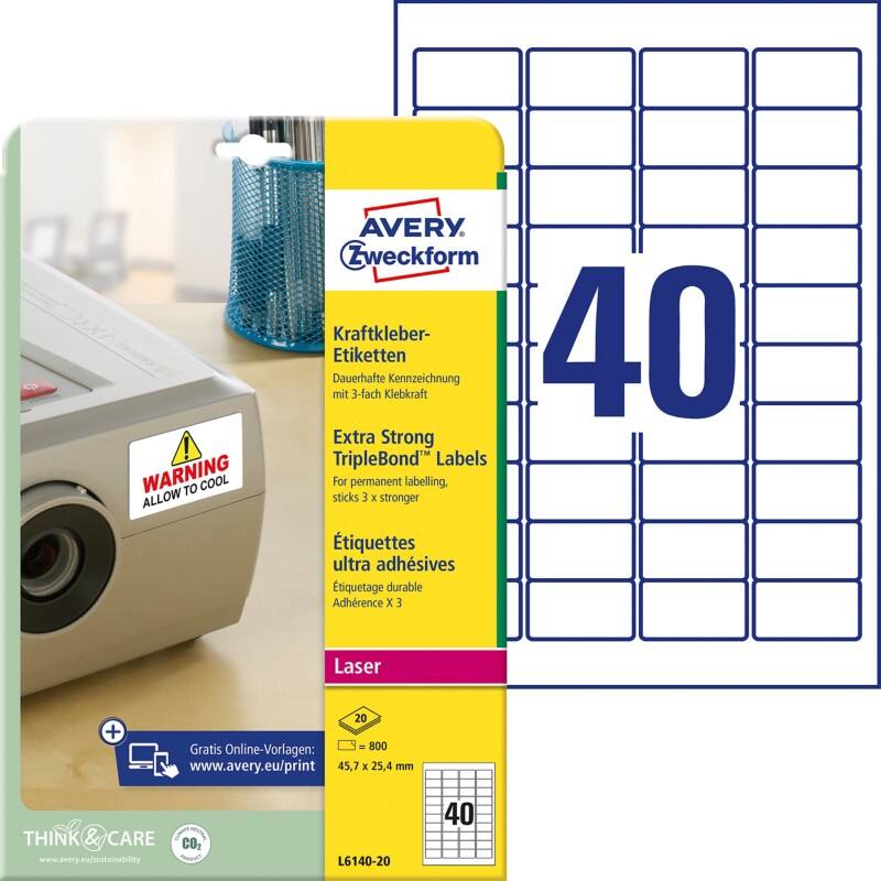 AVERY Zweckform Wetterfeste Etiketten L6140-20 Weiß A4 45,7 x 25,4 mm 20 Blatt à 40 Etiketten