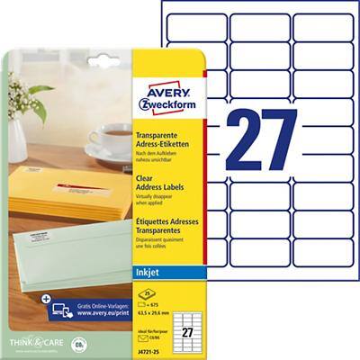 AVERY Zweckform Adressetiketten J4721-25 Transparent 63,5 x 29,6 mm 27 Blatt à 25 Etiketten