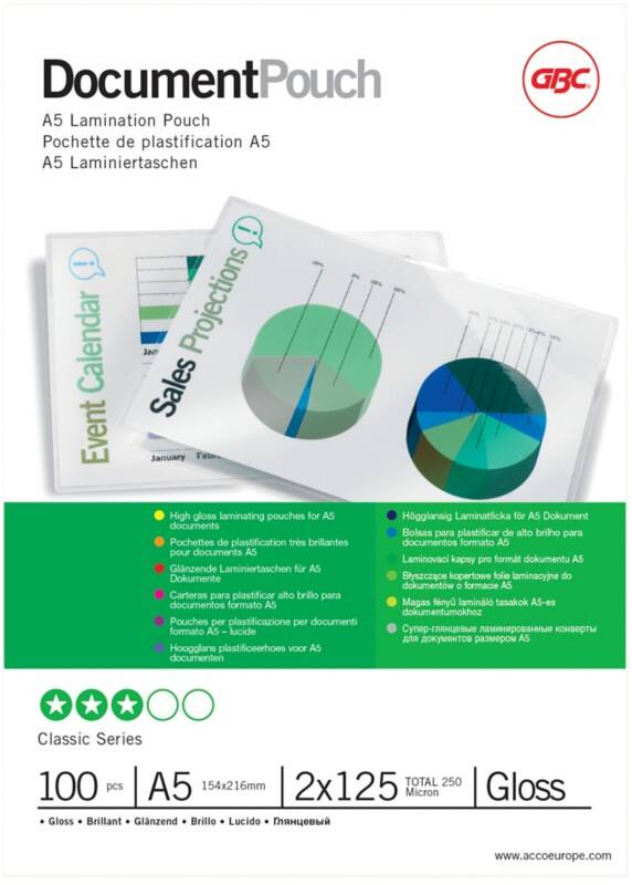 GBC Document Laminierfolien A5 Glänzend 125 Mikron (2 x 125) Transparent 100 Stück