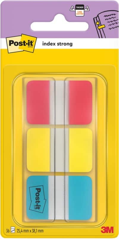 Post-it Durable Haftmarker Rechteckig 2,54 x 3,81 cm Farbig sortiert Strong 3 Stück à 22 Streifen