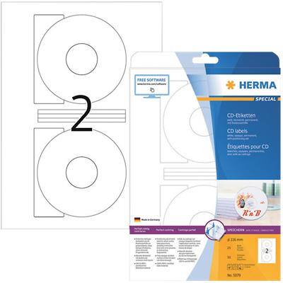 HERMA CD-Etiketten 5079 Weiß DIN A4 Ø 116 mm 25 Blatt à 2 Etiketten