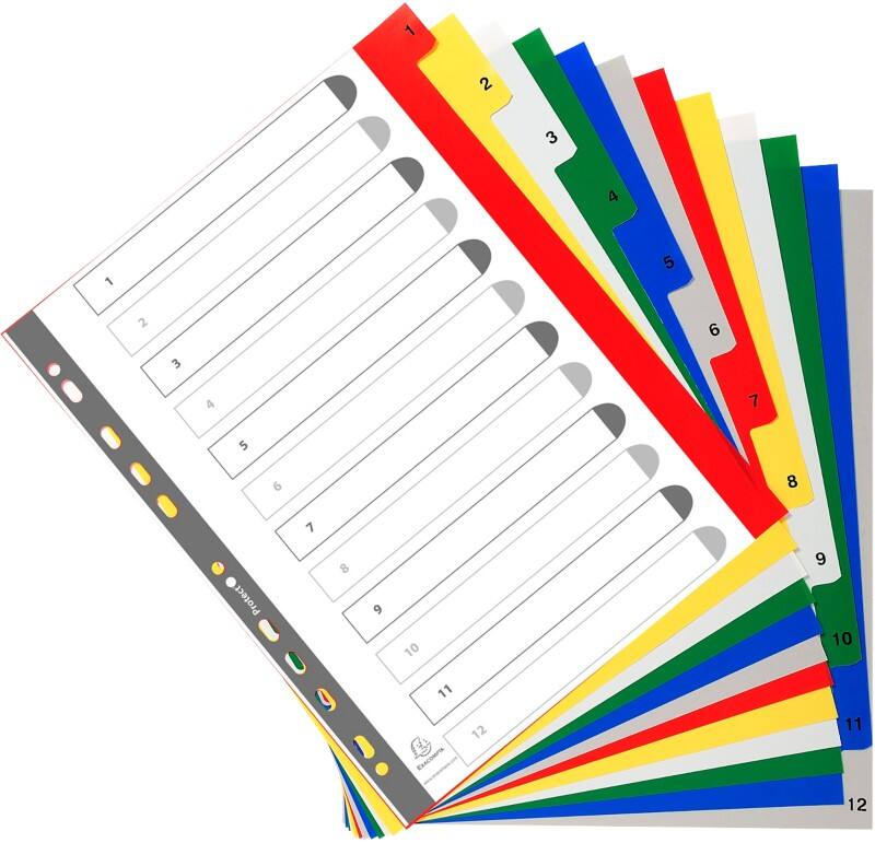 Exacompta 1 bis 12 Zahlenregister DIN A4+ Farbig sortiert 12-teilig PP (Polypropylen) 11 Löcher