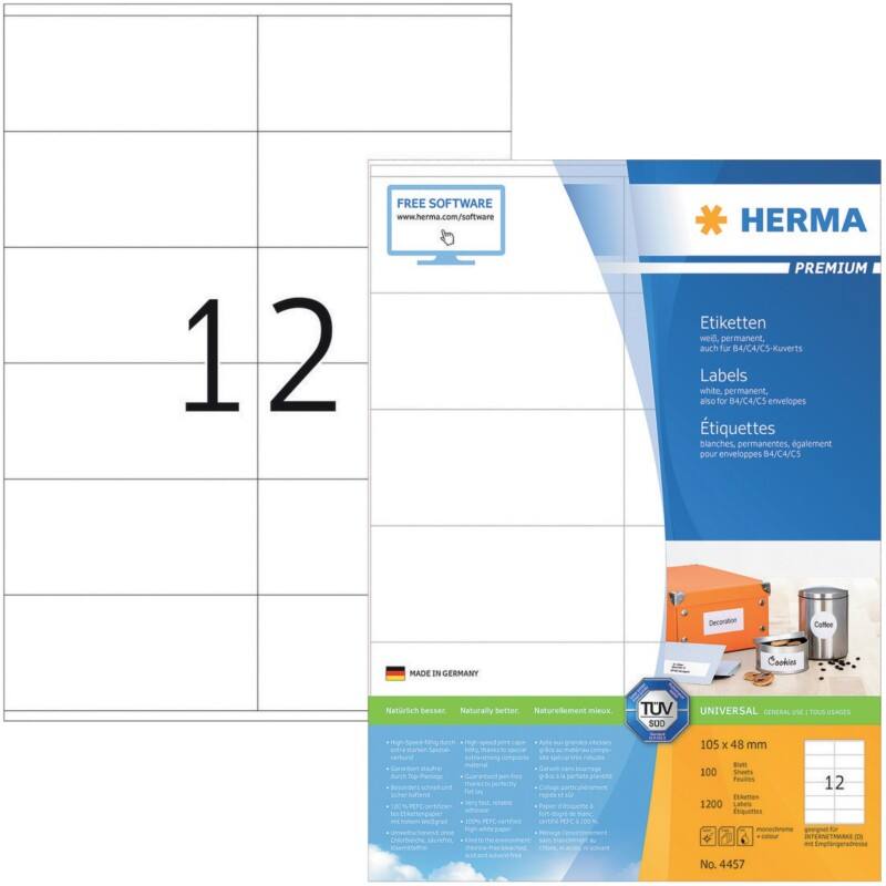 HERMA Universaletiketten 4457 Weiß DIN A4 105 x 48 mm 100 Blatt à 12 Etiketten