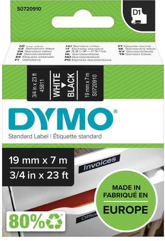 Dymo D1 S0720910 / 45811 Authentic Schriftband Selbstklebend Weißer Druck auf Schwarz 19 mm x 7m