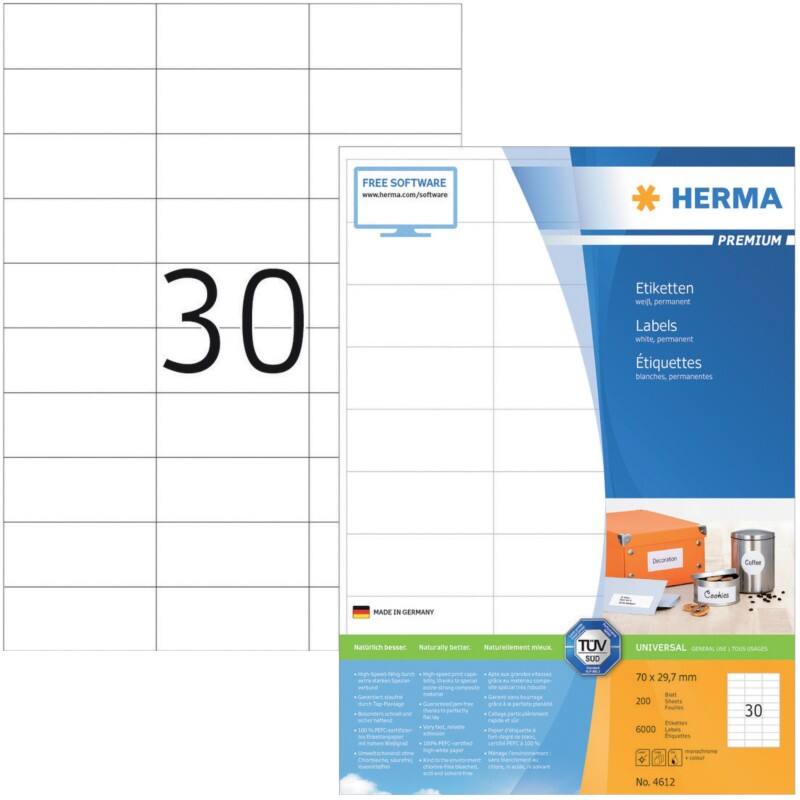 HERMA Universaletiketten 4612 Weiß DIN A4 70 x 29,7 mm 200 Blatt à 30 Etiketten